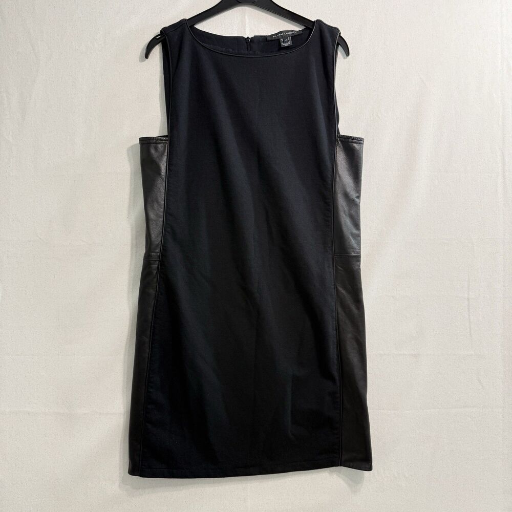 Ralph Lauren Black Label Womens Size L Lambskin Leather Wool Black Shift Dress